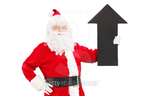 Smiling Santa Claus holding a big black arrow pointing up (461995087 ...
