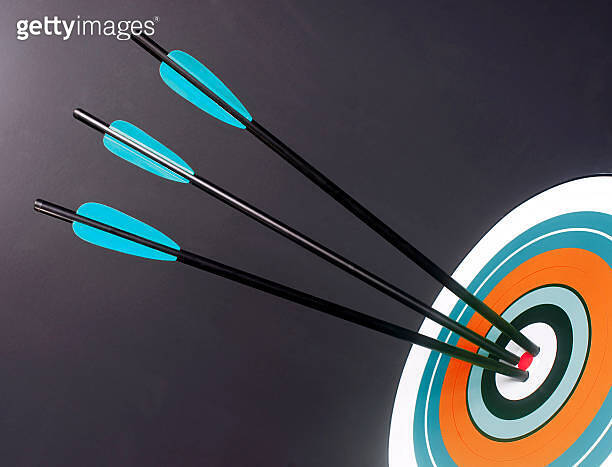 Three Blue Black Archery Arrows Hit Round Target Bullseye Center ...