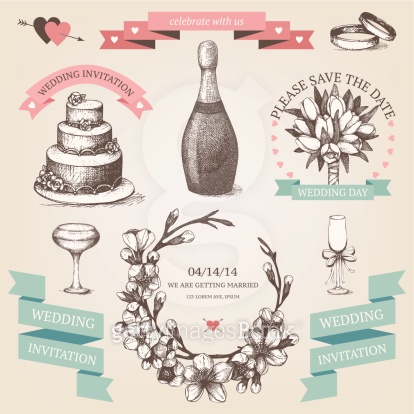 Vector vintage set of wedding elements and hand drawn illustrations ...