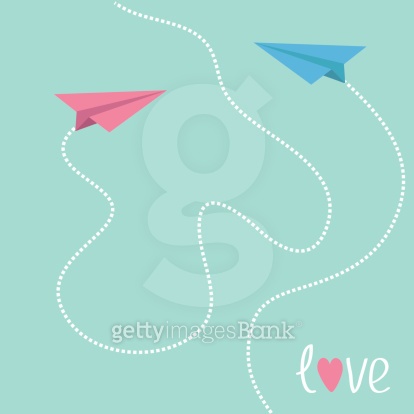 Pink and blue origami paper planes. Dash heart . Love (467959811) - 게티이미지뱅크