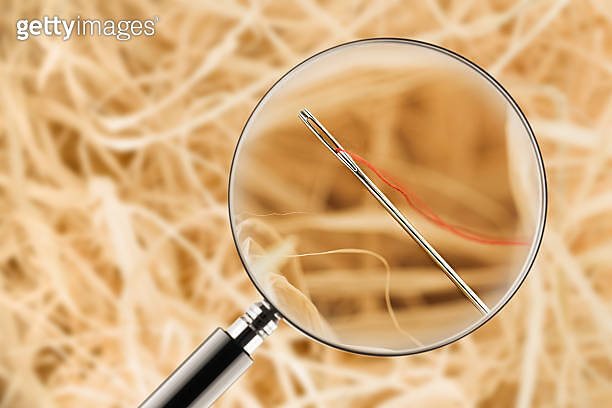 Magnifying glass finding a needle on a haystack (537346499) - 게티이미지뱅크
