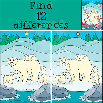 Educational game: Find differences. Mother polar bear with babie ...