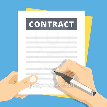Signing a contract flat illustration. Hand with pen sign contract ...