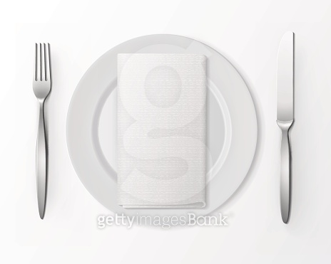 Vector White Plate with Silver Fork and Knife and Napkin (585623850 ...