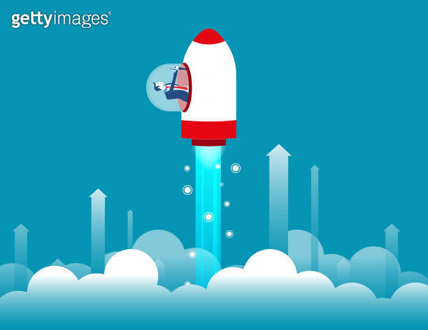Growth. Businessman inside a rocket and flying up. Concept business ...