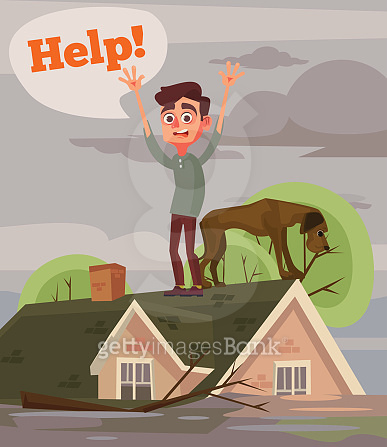 Flood disaster. Sad unhappy man and dog characters asking for help ...