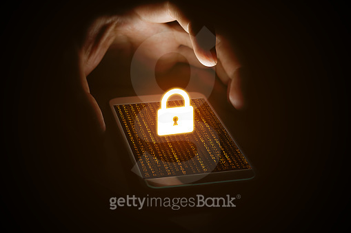 Cyber security concept, man hand protection network with lock icon and ...