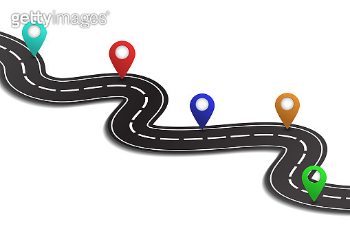 Vector isometric winding road with map pins on the white background ...