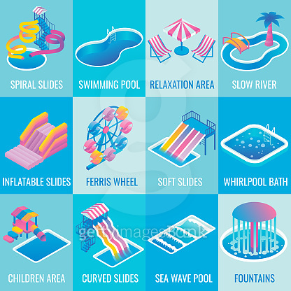 Vector water park attractions flat isometric icon set (875349582) - 게티이미지뱅크