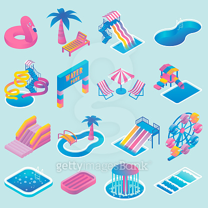 Vector water park flat isometric icon set (875351282) - 게티이미지뱅크