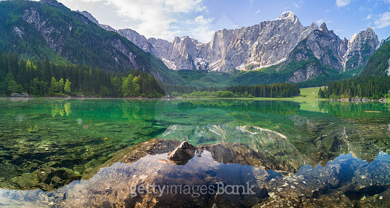 Mountain lake in the morning, Laghi di Fusine in the Julian Alps, Italy ...