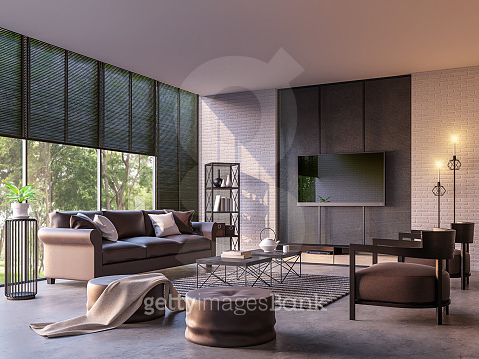 Modern loft living room with nature view 3d rendering image (697640232 ...