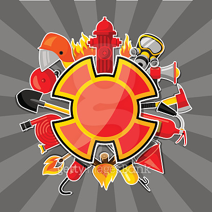 Badge with firefighting sticker items. Fire protection equipment ...