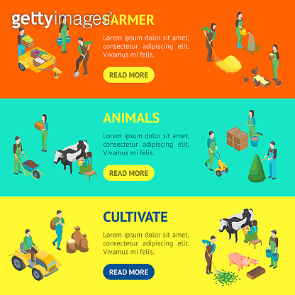 Farmers at Work 3d Banner Horizontal Set Isometric View. Vector ...