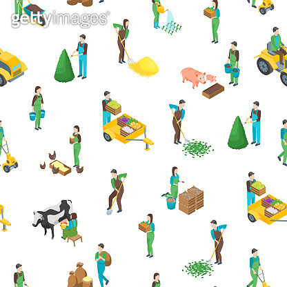 Farmers at Work 3d Seamless Pattern Background Isometric View. Vector ...