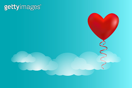 Valentine's day illustration. Red heart as balloon in the sky ...