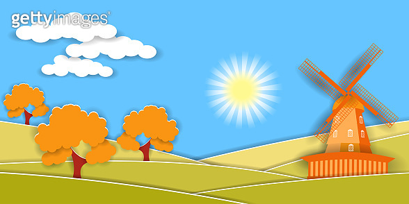 Autumn rural landscape with windmill and fruit trees. Paper cut shapes ...