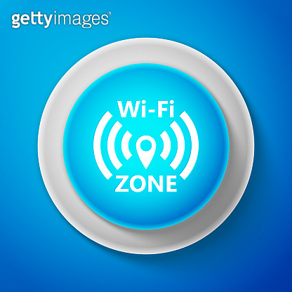 White Wi-Fi network icon isolated on blue background. Circle blue ...