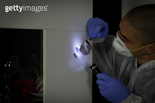 A forensic expert finds a fingerprint at the crime scene (1038602850 ...