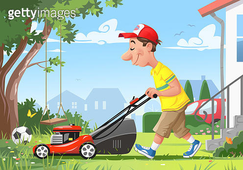 Man In His Front Yard Mowing The Lawn (986442970) 일러스트, 무료 일러스트 - 게티이미지뱅크