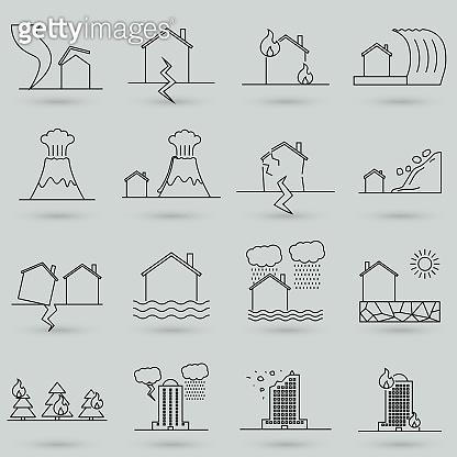 Natural Disaster, Vector illustration of thin line icons set ...