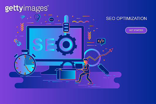 Modern gradient flat line concept web banner of seo optimization with ...