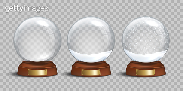 Empty glass snow globe and snow globes with snow on transparent ...