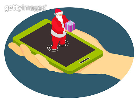 Santa Claus from a smartphone gives a gift. (1081342968) - 게티이미지뱅크