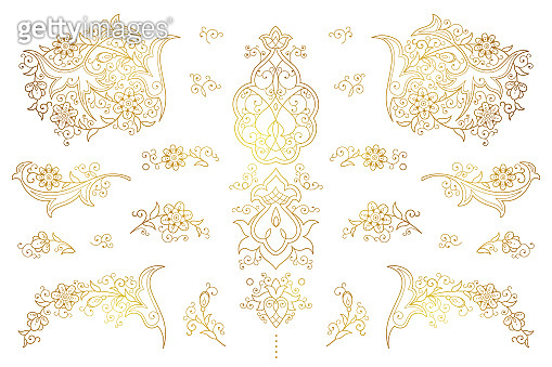 Vector set of golden outline elements in Eastern style. (1031295398 ...