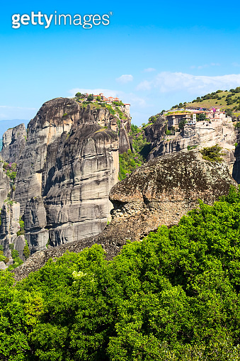 Varlaam and Great Meteoro Monasteries on the cliff at Meteora rocks ...