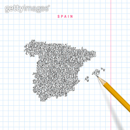Spain sketch scribble vector map drawn on checkered school notebook ...