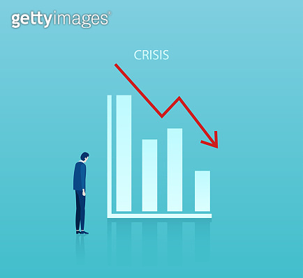 Vector of a sad businessman looking at a graph falling down ...