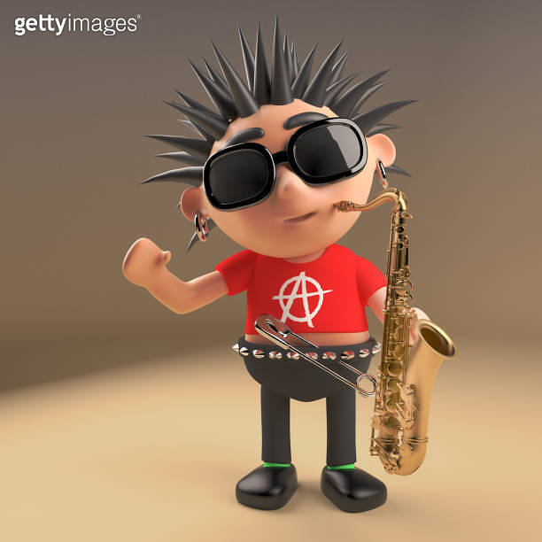 Musical 3d punk rocker with spikey hair playing a saxophone, 3d ...
