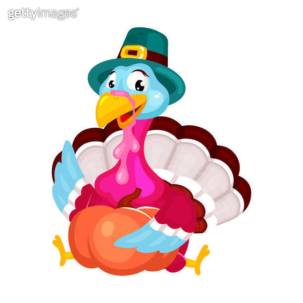 Thanksgiving day flat vector illustration. Turkey with traditional hat ...