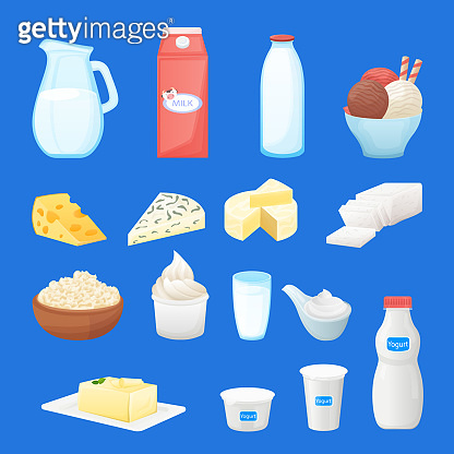Dairy farm fresh products set. Vector cartoon healthy food illustration ...
