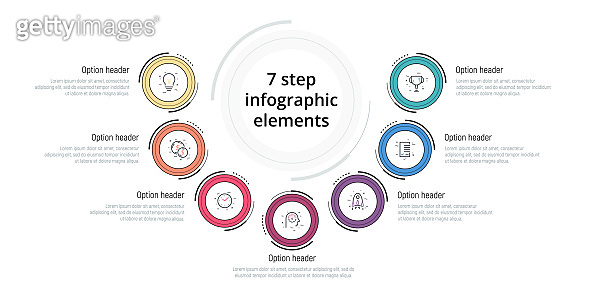 Business process chart infographic with 7 step circles. Circular ...