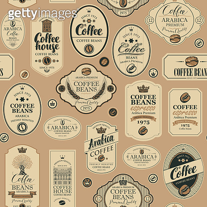 vector seamless pattern with various coffee labels (1141152629) 일러스트 ...