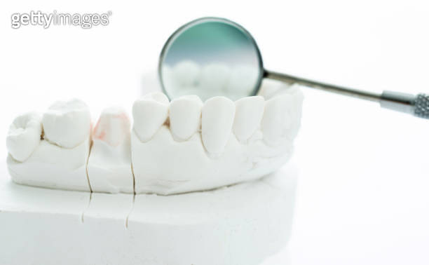 Angled mirror and model teeth on white background (1132256497) - 게티이미지뱅크