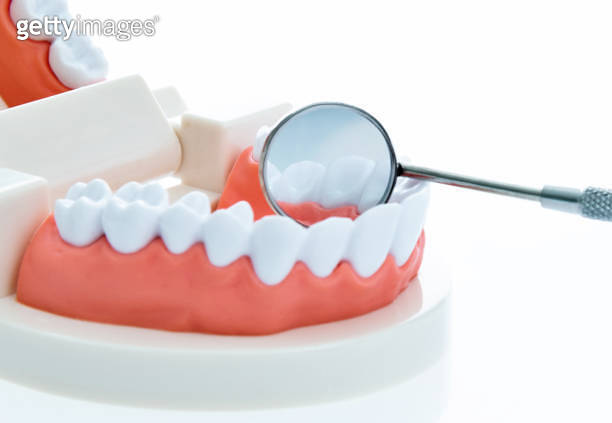 Angled mirror and model teeth on white background (1132258029) - 게티이미지뱅크