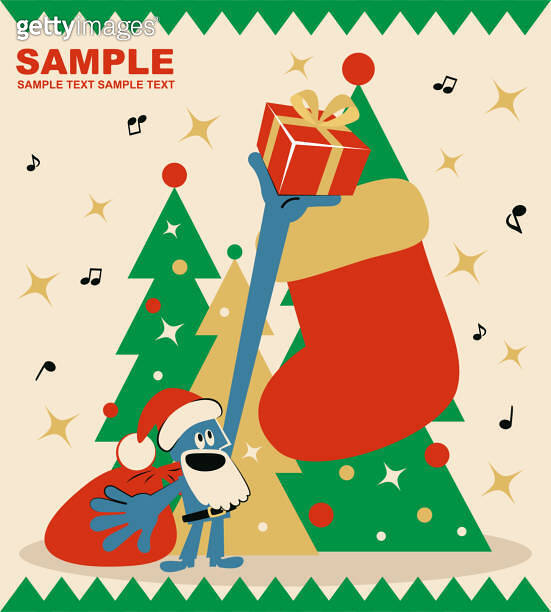 Merry Christmas and New Year Greeting, smiling blue santa claus putting ...