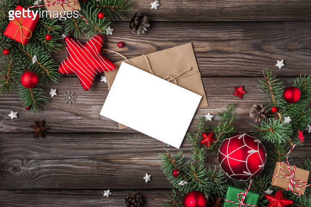 Christmas and Happy New Year greeting card with fir tree branches, gift ...