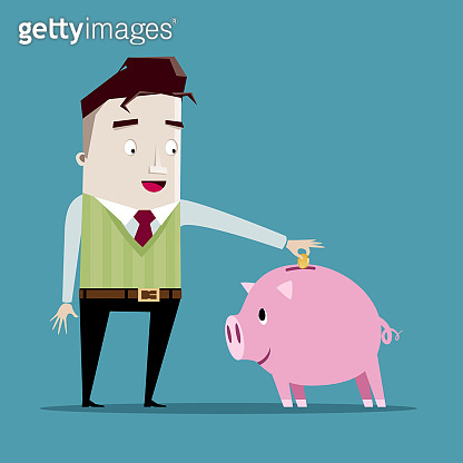 Man putting coin in a piggy bank (1159788707) 일러스트, 무료 일러스트 - 게티이미지뱅크