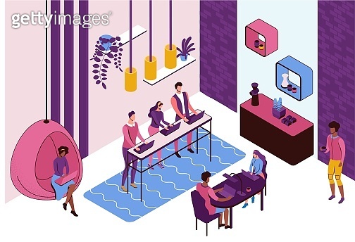 Coworking space interior, creative and office people work in open ...