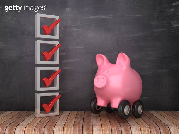 3D Check List with Piggy Bank on Wheels on Chalkboard Background - 3D ...