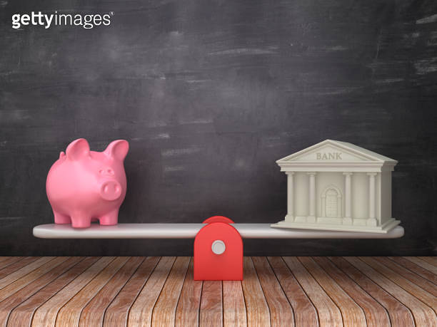 Seesaw Scale with Bank Building and Piggy Bank on Chalkboard Background ...