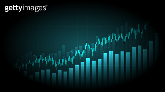 Widescreen Abstract financial graph with uptrend line and bar chart of ...