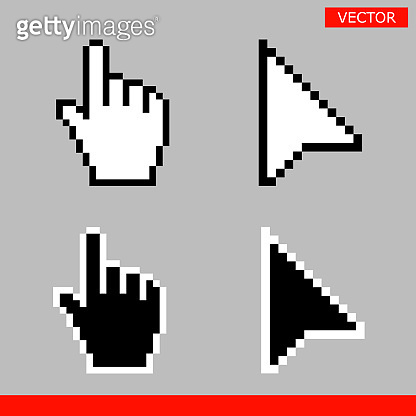 Black and white arrow pixel and pixel mouse hand cursors icon vector ...