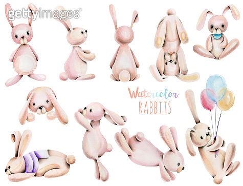 Collection, set of watercolor cute rabbits illustrations, hand drawn ...