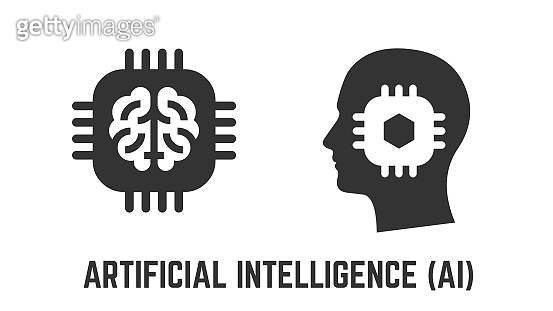 Artificial intelligence glyph icon with digital AI human head and brain ...
