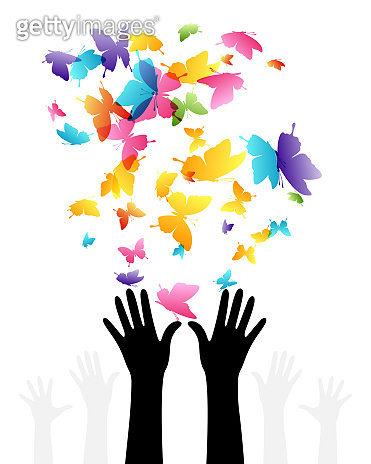 Hands with flying up butterflies . Vector isolated decoration element ...